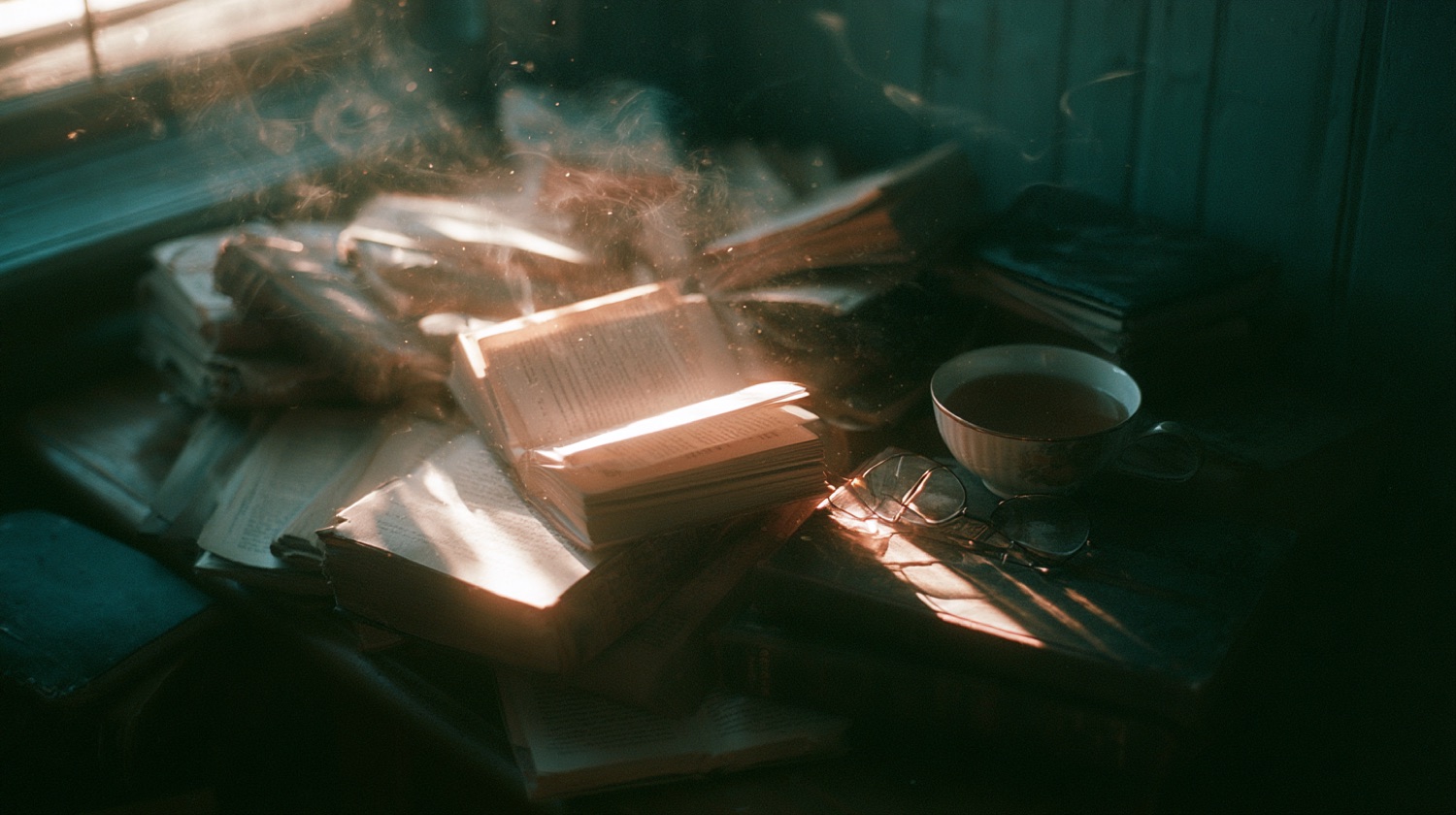 Old books in warm window light, a life of memories