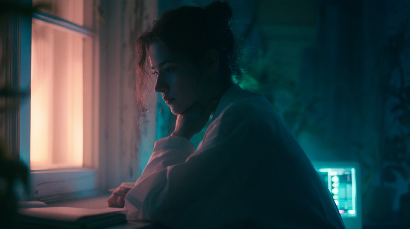 A researcher at work in cool evening light