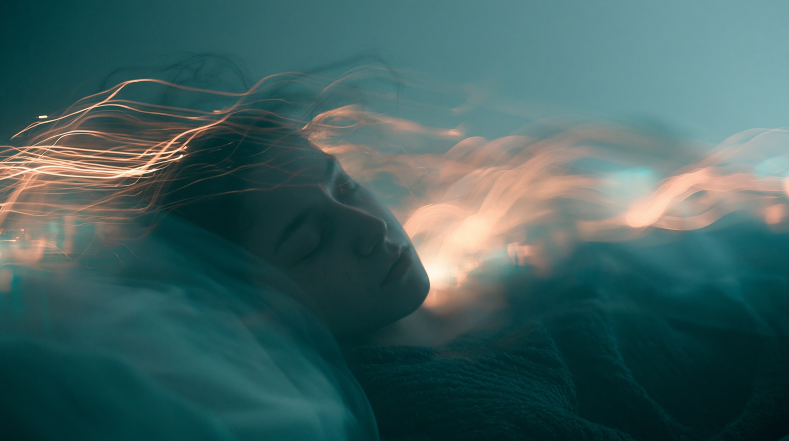 A sleeping person traced by faint warm light, sensed without a camera